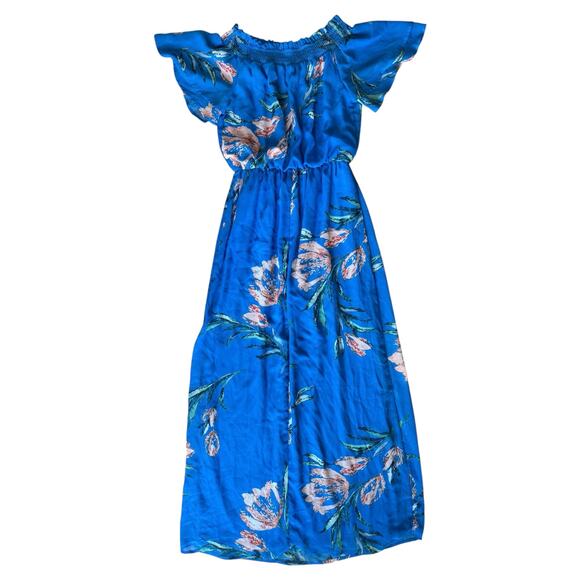 Jodi Kristopher Blue Floral Maxi Dress M Off Shoulder Flutter Sleeve Boho Summer - Picture 6 of 7